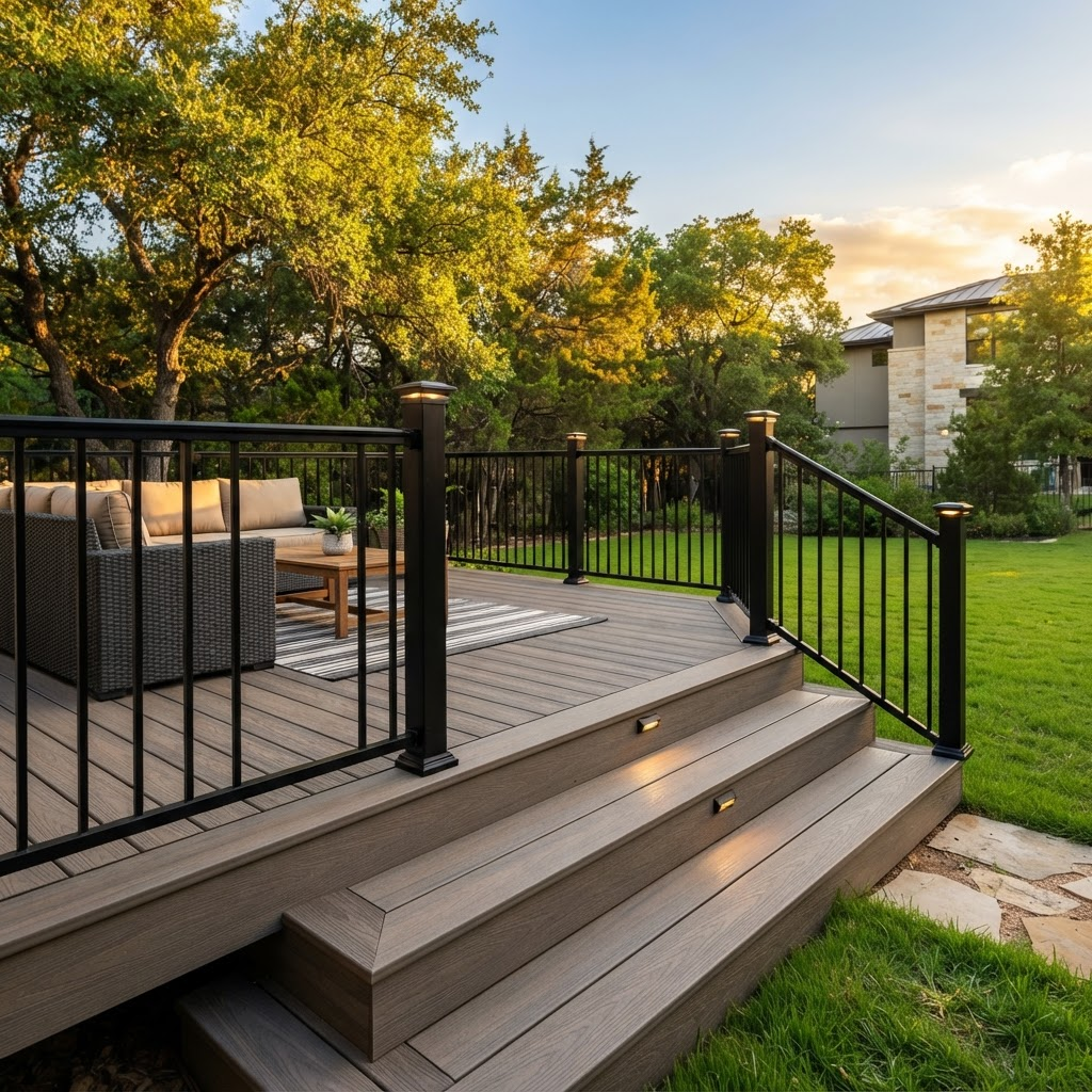 A freshly completed Trex composite deck with a picture-frame border and black railings in an Austin backyard